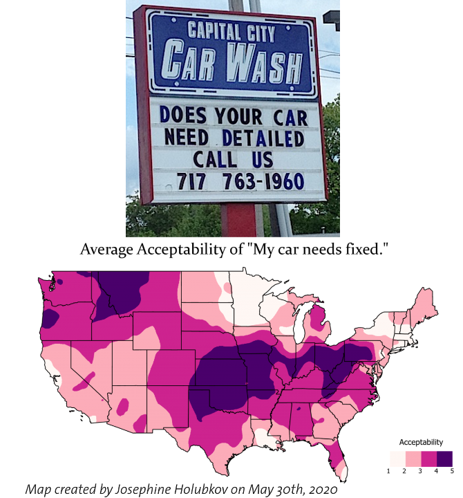 image of an advertisement stating 'does your car need fixed?' and a language map showing acceptability of this construction throughout the USA